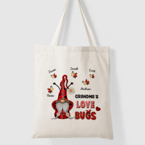 Red Gnome Grandma Mom Loves Bug Kids Personalized Tote Bag